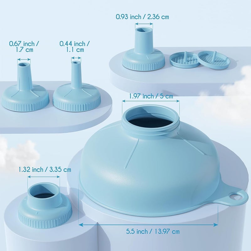 Pisol Wide Mouth Versatile Funnel, Canning Funnels for Kitchen Use, Food Grade Plastic Cooking Funnel Set with 4 Size Spouts and 2 Strainers for Filling Different Bottles and Bags, Blue - Image 3